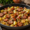 A creamy smoked sausage and cheesy potato casserole baked in a 9x13-inch dish with tender diced potatoes, sliced smoked sausage, and a rich cheddar cheese sauce. The top is golden, bubbly, and lightly browned, with melted cheese stretching from a freshly served portion. Garnished with chopped green onions and served on a rustic wooden table in warm natural light, creating a cozy homemade comfort food presentation.