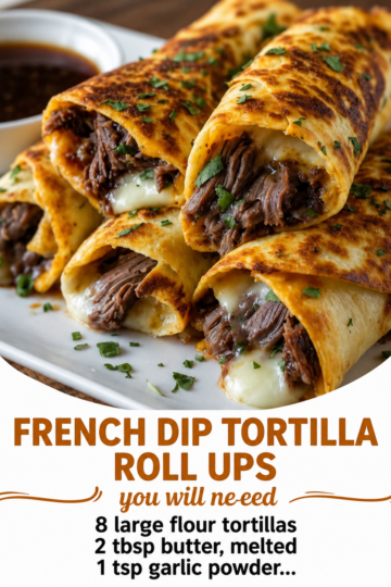 Golden, crispy French Dip Tortilla Roll Ups filled with thinly sliced roast beef and gooey melted provolone cheese, cut in half to reveal the cheesy, savory center. Served on a rustic wooden platter with a small bowl of hot au jus for dipping and garnished with fresh parsley. Photographed in warm natural light, showcasing the crunchy tortilla, tender beef, and melty cheese for an irresistible comfort food appetizer or quick family dinner.