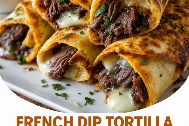 Golden, crispy French Dip Tortilla Roll Ups filled with thinly sliced roast beef and gooey melted provolone cheese, cut in half to reveal the cheesy, savory center. Served on a rustic wooden platter with a small bowl of hot au jus for dipping and garnished with fresh parsley. Photographed in warm natural light, showcasing the crunchy tortilla, tender beef, and melty cheese for an irresistible comfort food appetizer or quick family dinner.