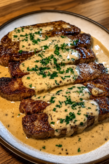Juicy pan-seared ribeye steaks sliced and topped with a rich, creamy garlic-Parmesan sauce. The steaks have a deep golden-brown crust and are served with silky sauce, fresh parsley, and roasted vegetables on a rustic plate. Photographed in warm natural light, highlighting the tender beef, creamy sauce, and restaurant-style presentation.