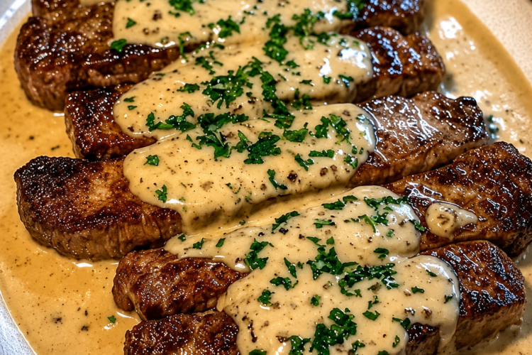 Juicy pan-seared ribeye steaks sliced and topped with a rich, creamy garlic-Parmesan sauce. The steaks have a deep golden-brown crust and are served with silky sauce, fresh parsley, and roasted vegetables on a rustic plate. Photographed in warm natural light, highlighting the tender beef, creamy sauce, and restaurant-style presentation.