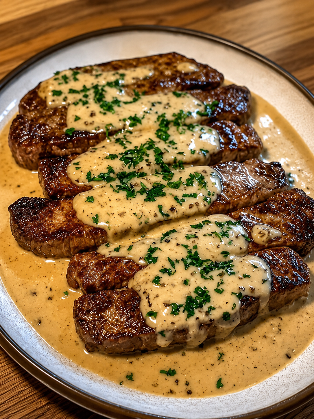Juicy pan-seared ribeye steaks sliced and topped with a rich, creamy garlic-Parmesan sauce. The steaks have a deep golden-brown crust and are served with silky sauce, fresh parsley, and roasted vegetables on a rustic plate. Photographed in warm natural light, highlighting the tender beef, creamy sauce, and restaurant-style presentation.