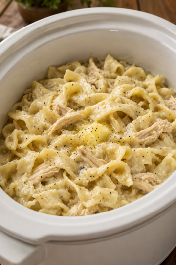 A cozy bowl of Slow Cooker Amish Chicken and Noodles featuring tender shredded chicken and thick homestyle egg noodles in a rich, creamy broth. Garnished with freshly chopped parsley and served with warm buttered biscuits on a rustic wooden table in soft natural light, creating the perfect comforting homemade family dinner.