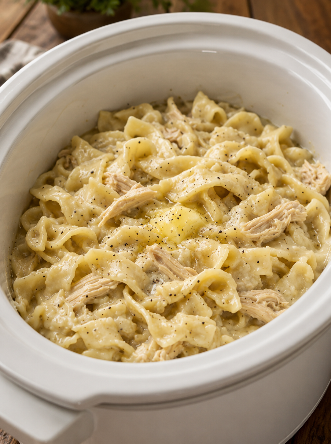 A cozy bowl of Slow Cooker Amish Chicken and Noodles featuring tender shredded chicken and thick homestyle egg noodles in a rich, creamy broth. Garnished with freshly chopped parsley and served with warm buttered biscuits on a rustic wooden table in soft natural light, creating the perfect comforting homemade family dinner.