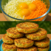 A stack of crispy cabbage and carrot fritters with golden, lacy edges and tender centers, served on a rustic plate with a dollop of sour cream, fresh parsley, and lemon wedges. The homemade vegetable fritters are photographed in warm natural light on a wooden table, highlighting their crunchy exterior and colorful shredded cabbage and carrot filling.