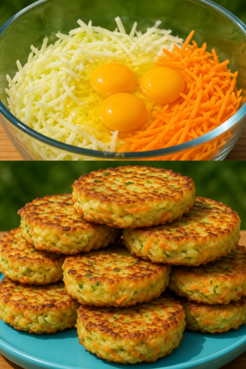 A stack of crispy cabbage and carrot fritters with golden, lacy edges and tender centers, served on a rustic plate with a dollop of sour cream, fresh parsley, and lemon wedges. The homemade vegetable fritters are photographed in warm natural light on a wooden table, highlighting their crunchy exterior and colorful shredded cabbage and carrot filling.