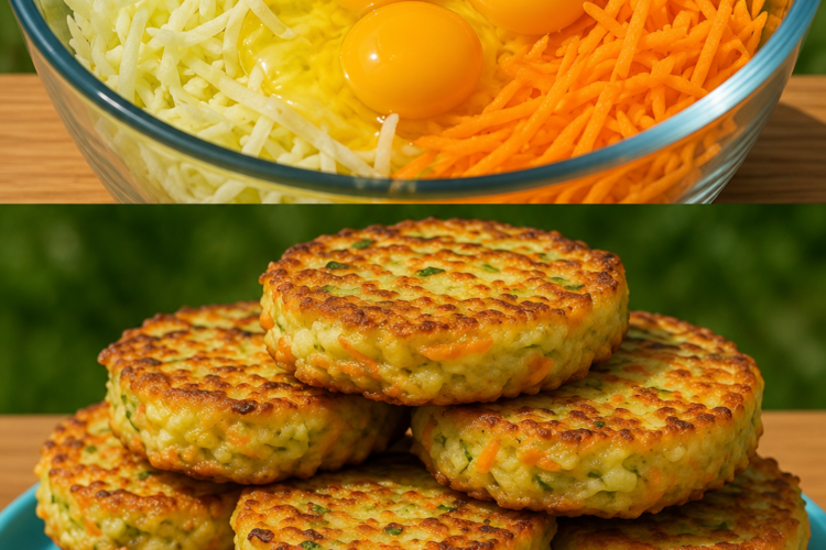 A stack of crispy cabbage and carrot fritters with golden, lacy edges and tender centers, served on a rustic plate with a dollop of sour cream, fresh parsley, and lemon wedges. The homemade vegetable fritters are photographed in warm natural light on a wooden table, highlighting their crunchy exterior and colorful shredded cabbage and carrot filling.