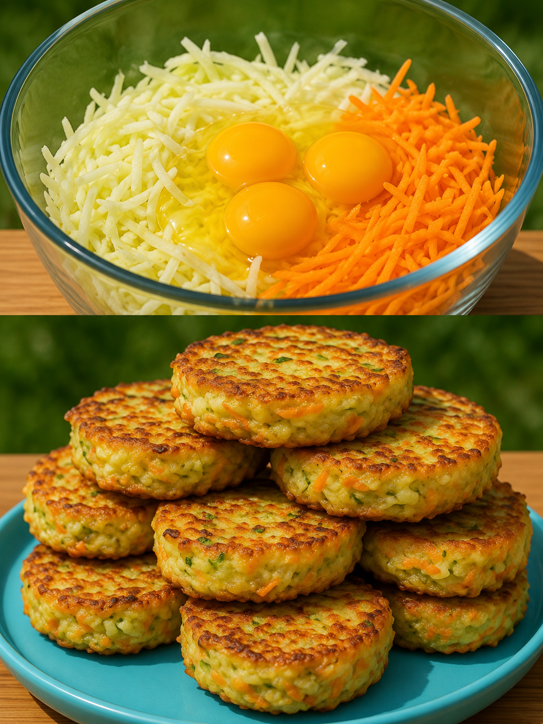 A stack of crispy cabbage and carrot fritters with golden, lacy edges and tender centers, served on a rustic plate with a dollop of sour cream, fresh parsley, and lemon wedges. The homemade vegetable fritters are photographed in warm natural light on a wooden table, highlighting their crunchy exterior and colorful shredded cabbage and carrot filling.