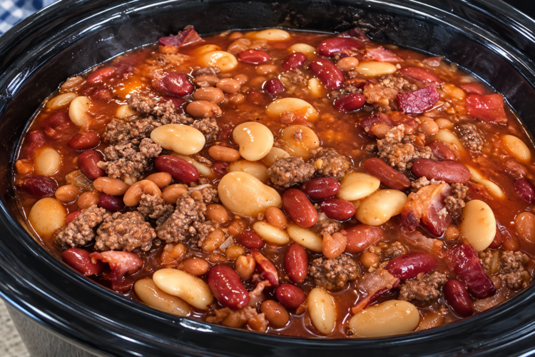 A hearty bowl of Crockpot Calico Beans made with kidney beans, cannellini beans, pork and beans, crispy bacon, and optional ground beef in a thick, glossy sweet-and-tangy sauce. Garnished with chopped parsley and served with a slice of warm cornbread on a rustic wooden table in cozy natural light, highlighting the rich, smoky flavors of this classic slow-cooker comfort food