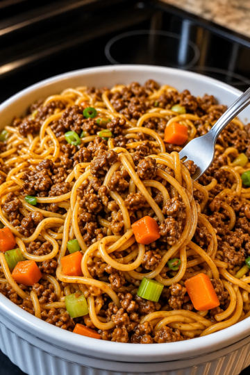 A close-up of homemade ground beef lo mein served in a rustic bowl, featuring tender spaghetti noodles coated in a glossy soy-garlic sauce with seasoned ground beef, crisp carrots, celery, and red onions. Garnished with sliced green onions and sesame seeds, the dish is photographed under warm natural light on a wooden table for a cozy, better-than-takeout presentation.