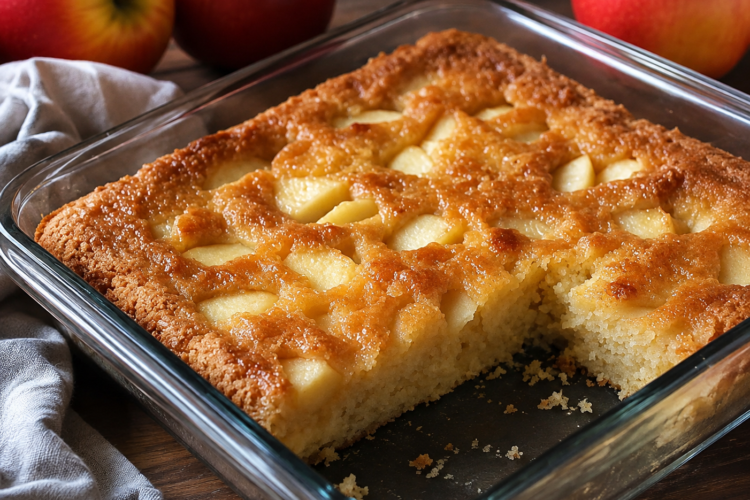 A moist homemade apple cinnamon cake filled with tender chunks of fresh apple and topped with a light dusting of powdered sugar. One slice is cut to reveal the soft, buttery crumb with juicy apple pieces and optional chopped walnuts throughout. Served on a rustic wooden cake stand with fresh apple slices and cinnamon sticks, photographed in warm natural light for a cozy fall dessert presentation.
