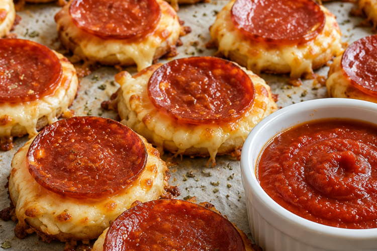 A close-up of crispy 2-ingredient pizza chips baked in a mini muffin pan, made with golden low-moisture mozzarella and mini pepperoni. The cheese forms lacy, crunchy edges while the pepperoni crisps on top. Served warm on a rustic wooden board with a small bowl of marinara dipping sauce and a sprinkle of Italian seasoning, photographed in warm natural light for an irresistible low-carb appetizer presentation.