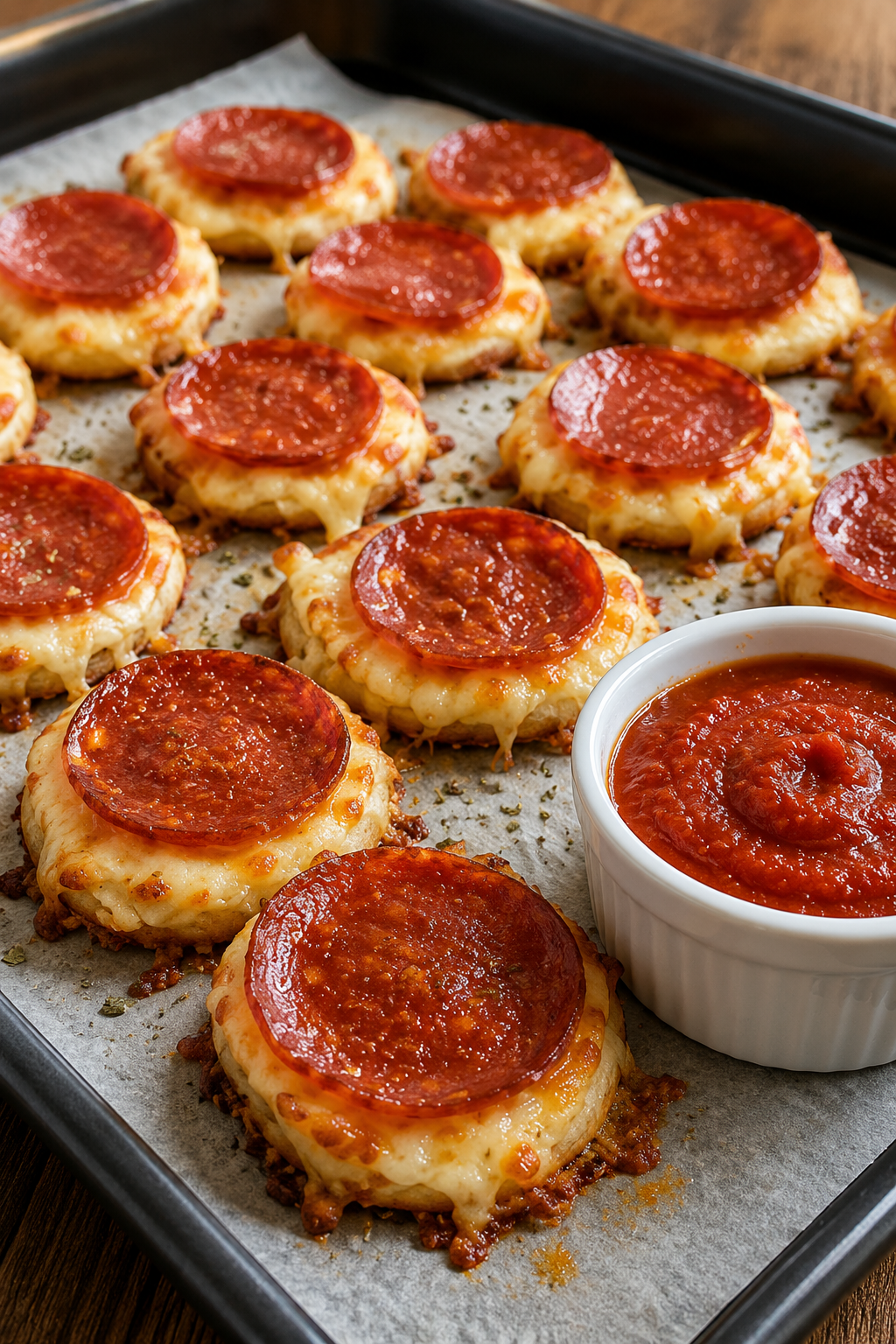 A close-up of crispy 2-ingredient pizza chips baked in a mini muffin pan, made with golden low-moisture mozzarella and mini pepperoni. The cheese forms lacy, crunchy edges while the pepperoni crisps on top. Served warm on a rustic wooden board with a small bowl of marinara dipping sauce and a sprinkle of Italian seasoning, photographed in warm natural light for an irresistible low-carb appetizer presentation.