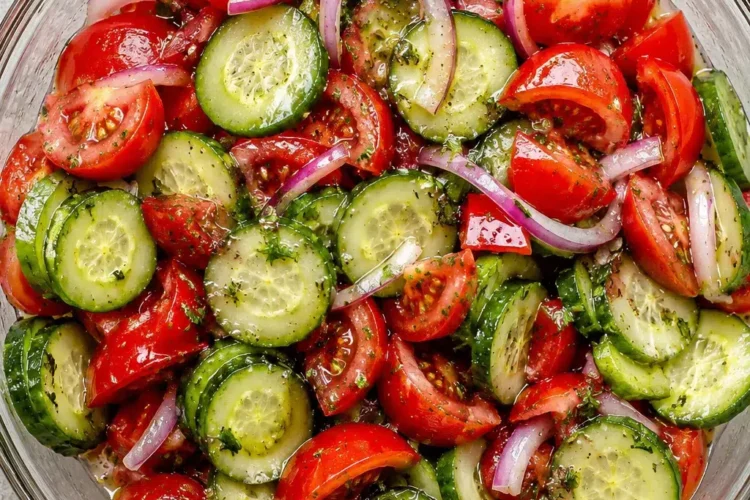 Fresh cucumber tomato salad with sliced cucumbers, juicy cherry tomatoes, red onions, fresh herbs, and a light vinaigrette dressing.