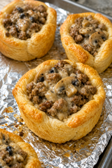 Golden, flaky crescent roll cups baked in a muffin tin and filled with a creamy mixture of seasoned ground beef, sautéed mushrooms, cream cheese, and melted cheddar cheese. One crescent cup is cut open to reveal the rich, savory filling, while the others are topped with bubbling golden cheese and fresh parsley. Served on a rustic wooden board in warm natural light, creating a cozy homemade appetizer or weeknight dinner presentation.