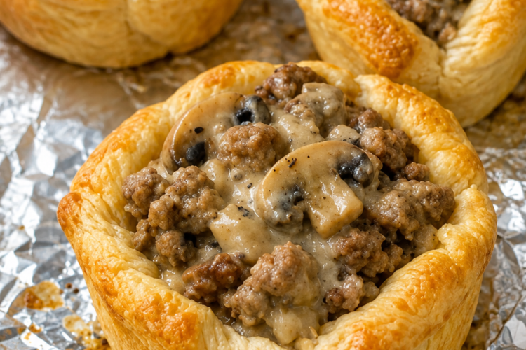 Golden, flaky crescent roll cups baked in a muffin tin and filled with a creamy mixture of seasoned ground beef, sautéed mushrooms, cream cheese, and melted cheddar cheese. One crescent cup is cut open to reveal the rich, savory filling, while the others are topped with bubbling golden cheese and fresh parsley. Served on a rustic wooden board in warm natural light, creating a cozy homemade appetizer or weeknight dinner presentation.