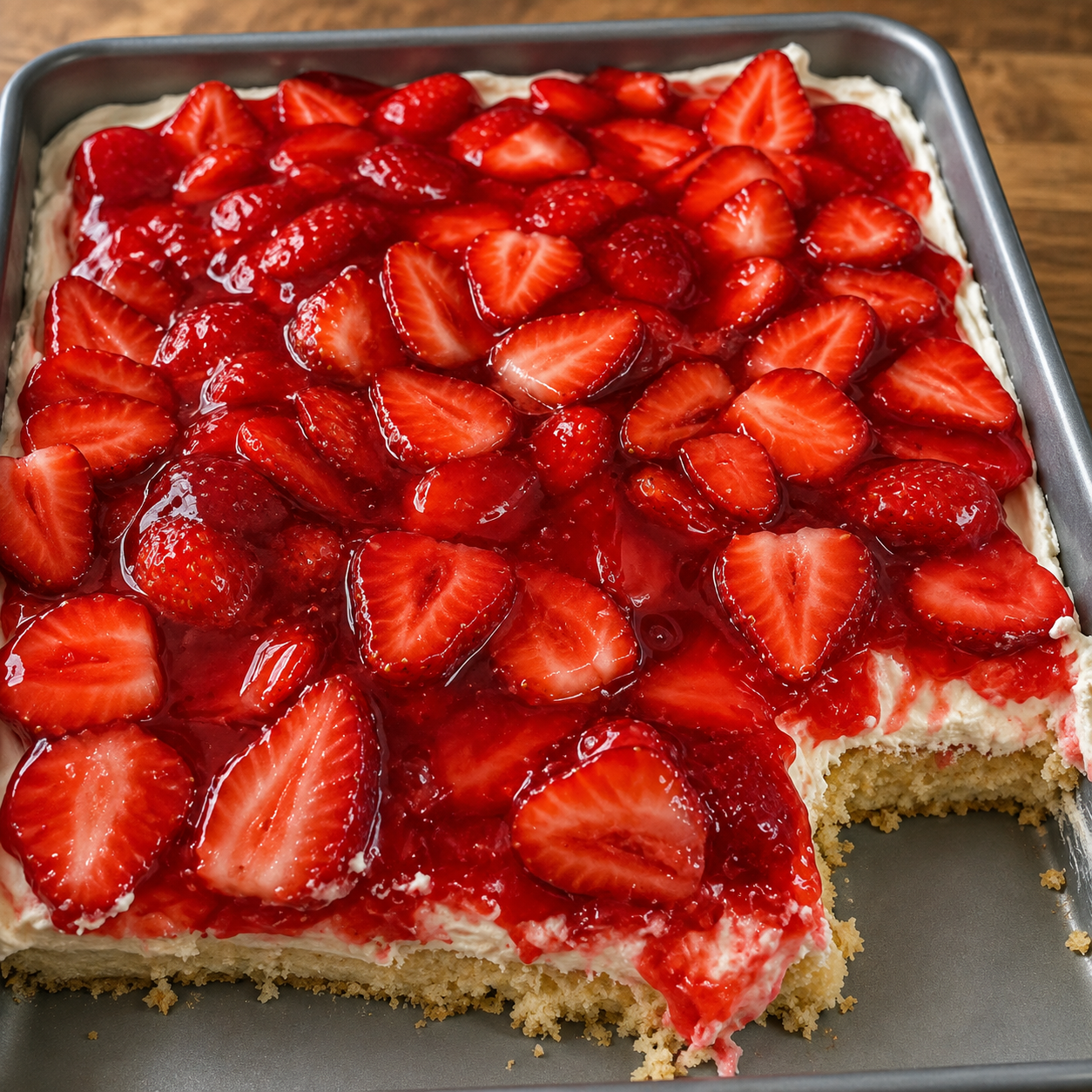A slice of homemade strawberry graham cracker icebox cake showing soft, cake-like layers of graham crackers, fluffy vanilla whipped cream, and fresh sliced strawberries. The no-bake dessert is topped with extra strawberries and served chilled on a white dessert plate, photographed in warm natural light on a rustic wooden table for a fresh, summery homemade presentation.
