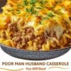 A hearty beef noodle casserole baked in a 9x13-inch dish with layers of tender egg noodles, seasoned ground beef in a rich tomato sauce, creamy cream cheese and sour cream filling, and a bubbling golden cheddar cheese topping. A serving is lifted onto a plate, revealing the creamy, cheesy layers, garnished with fresh parsley and photographed in warm natural light on a rustic w