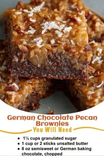 A stack of fudgy German chocolate brownies topped with a thick, glossy coconut-pecan caramel layer. One brownie is cut in half to reveal the dense, rich chocolate base beneath the chewy topping. Garnished with toasted coconut flakes and chopped pecans on a rustic wooden board, photographed in warm natural light for an irresistible homemade dessert presentation.