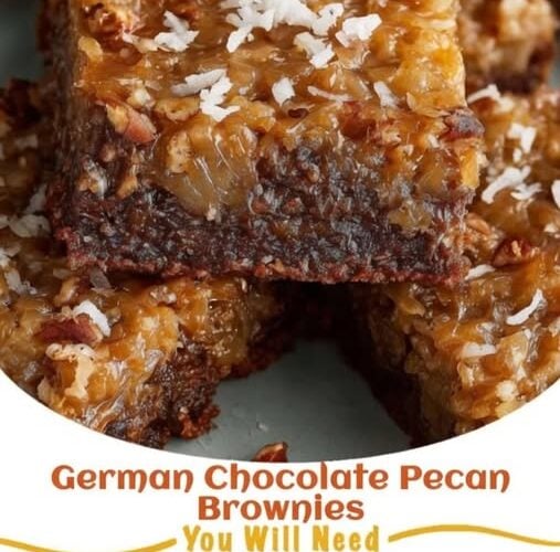 A stack of fudgy German chocolate brownies topped with a thick, glossy coconut-pecan caramel layer. One brownie is cut in half to reveal the dense, rich chocolate base beneath the chewy topping. Garnished with toasted coconut flakes and chopped pecans on a rustic wooden board, photographed in warm natural light for an irresistible homemade dessert presentation.