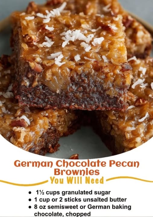 A stack of fudgy German chocolate brownies topped with a thick, glossy coconut-pecan caramel layer. One brownie is cut in half to reveal the dense, rich chocolate base beneath the chewy topping. Garnished with toasted coconut flakes and chopped pecans on a rustic wooden board, photographed in warm natural light for an irresistible homemade dessert presentation.