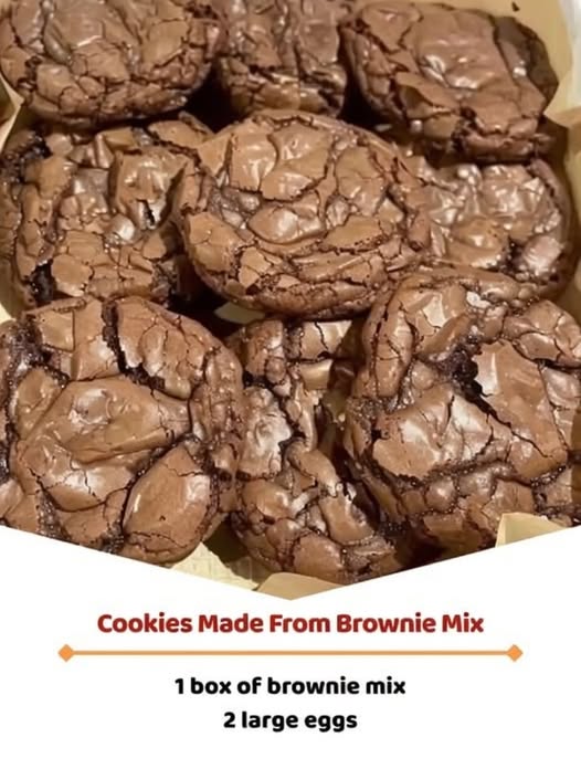 A stack of fudgy brownie mix cookies with shiny, crackly tops, soft chocolate centers, and slightly crisp edges. One cookie is broken in half to reveal the rich, gooey interior with melted chocolate throughout. Arranged on a cooling rack with scattered chocolate chips on a rustic wooden table, photographed in warm natural light for a cozy homemade dessert presentation.