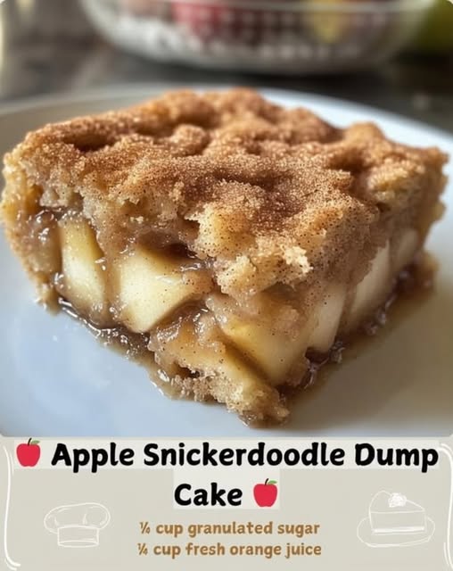 Warm cinnamon-sugar apple cake with tender sliced apples baked underneath a golden, buttery, crackly cinnamon-sugar crust. Served in a 9x13-inch baking dish with a scoop of vanilla ice cream melting over the top, creating a cozy homemade fall dessert presentation.
