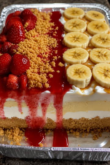 A no-bake split cheesecake in a 9x13-inch pan featuring two delicious halves: one topped with fresh strawberries, glossy strawberry glaze, and crunchy golden cookie crumbs, and the other layered with sliced bananas and vanilla wafer crumbs. The creamy cheesecake filling rests on a buttery vanilla wafer crust, with neatly cut squares revealing the smooth, mousse-like texture. Served chilled and photographed in warm natural light for a bakery-style dessert presentation.