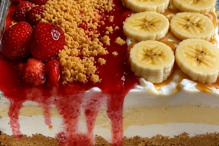 A no-bake split cheesecake in a 9x13-inch pan featuring two delicious halves: one topped with fresh strawberries, glossy strawberry glaze, and crunchy golden cookie crumbs, and the other layered with sliced bananas and vanilla wafer crumbs. The creamy cheesecake filling rests on a buttery vanilla wafer crust, with neatly cut squares revealing the smooth, mousse-like texture. Served chilled and photographed in warm natural light for a bakery-style dessert presentation.