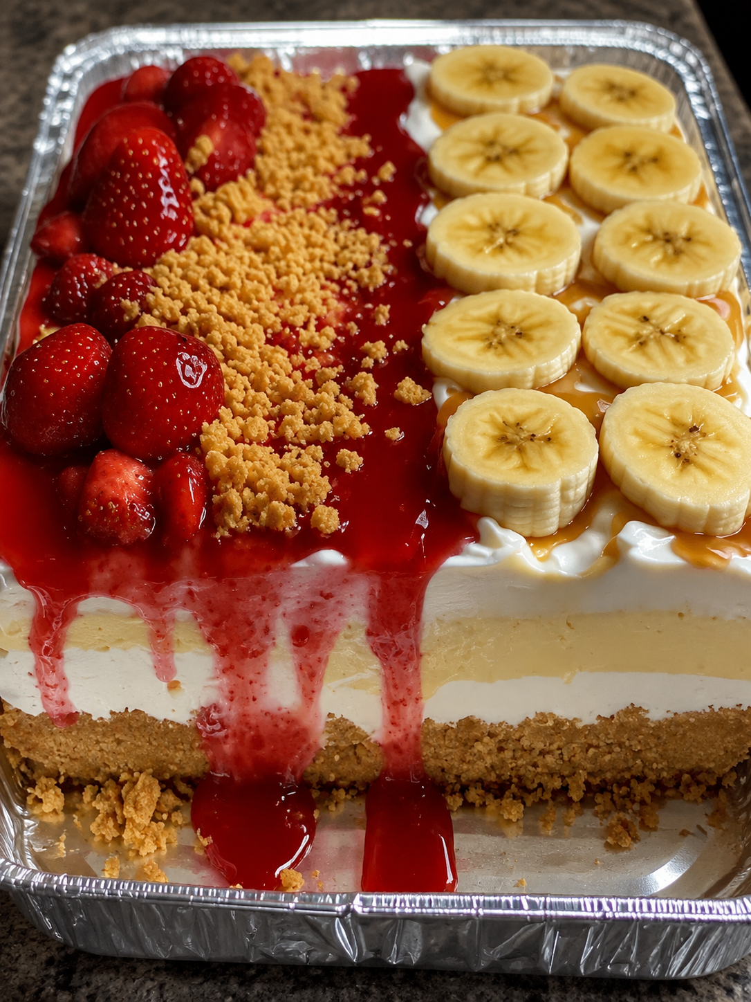 A no-bake split cheesecake in a 9x13-inch pan featuring two delicious halves: one topped with fresh strawberries, glossy strawberry glaze, and crunchy golden cookie crumbs, and the other layered with sliced bananas and vanilla wafer crumbs. The creamy cheesecake filling rests on a buttery vanilla wafer crust, with neatly cut squares revealing the smooth, mousse-like texture. Served chilled and photographed in warm natural light for a bakery-style dessert presentation.