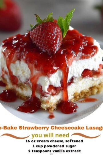 A no-bake strawberry cheesecake lasagna layered with a buttery graham cracker crust, creamy cheesecake filling, glossy strawberry topping, whipped cream, and fresh strawberries, served chilled in neat dessert squares.