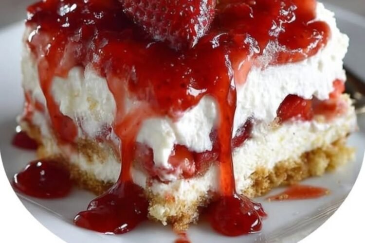 A no-bake strawberry cheesecake lasagna layered with a buttery graham cracker crust, creamy cheesecake filling, glossy strawberry topping, whipped cream, and fresh strawberries, served chilled in neat dessert squares.
