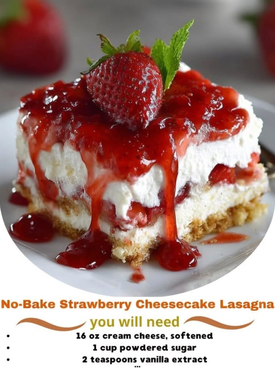 A no-bake strawberry cheesecake lasagna layered with a buttery graham cracker crust, creamy cheesecake filling, glossy strawberry topping, whipped cream, and fresh strawberries, served chilled in neat dessert squares.