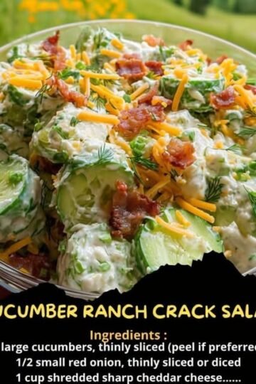 A creamy cucumber ranch salad with thinly sliced cucumbers, red onion, crispy bacon, shredded cheddar cheese, and fresh herbs, served chilled in a bowl.