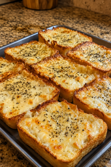 Close-up of cheesy garlic Texas toast made with thick slices of buttery bread, topped with melted mozzarella, provolone, and Parmesan cheese. The toast is baked until golden and bubbly with crispy edges, then sprinkled with dried parsley and served on a rustic wooden board in warm natural light. Long, gooey cheese pulls and a rich garlic butter topping create an irresistible homemade side dish.