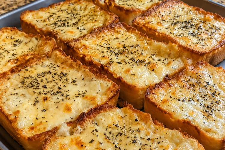 Close-up of cheesy garlic Texas toast made with thick slices of buttery bread, topped with melted mozzarella, provolone, and Parmesan cheese. The toast is baked until golden and bubbly with crispy edges, then sprinkled with dried parsley and served on a rustic wooden board in warm natural light. Long, gooey cheese pulls and a rich garlic butter topping create an irresistible homemade side dish.