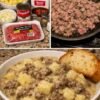 A hearty bowl of creamy beef and potatoes, featuring tender golden potato chunks and seasoned ground beef coated in a rich, savory gravy, garnished with fresh parsley and served with crusty bread on the side.