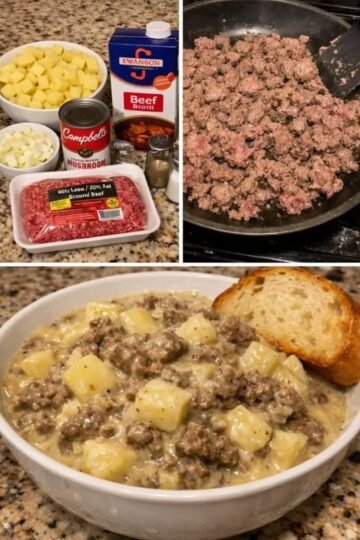 A hearty bowl of creamy beef and potatoes, featuring tender golden potato chunks and seasoned ground beef coated in a rich, savory gravy, garnished with fresh parsley and served with crusty bread on the side.