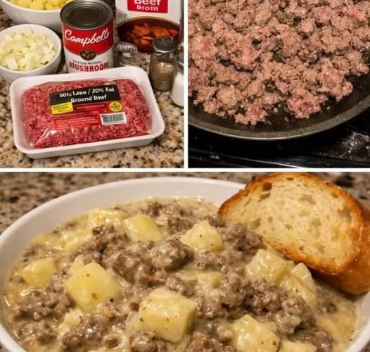 A hearty bowl of creamy beef and potatoes, featuring tender golden potato chunks and seasoned ground beef coated in a rich, savory gravy, garnished with fresh parsley and served with crusty bread on the side.