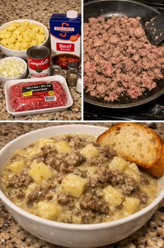 A hearty bowl of creamy beef and potatoes, featuring tender golden potato chunks and seasoned ground beef coated in a rich, savory gravy, garnished with fresh parsley and served with crusty bread on the side.