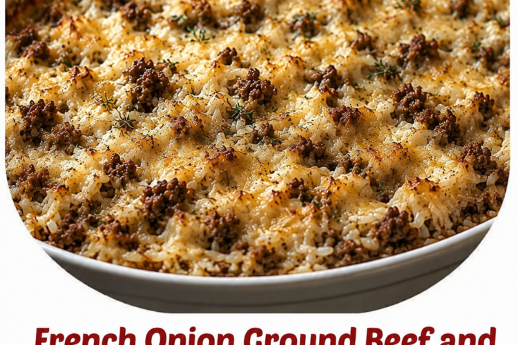 A hearty French Onion Ground Beef and Rice Casserole baked in a rustic casserole dish with a bubbling golden layer of melted mozzarella and Swiss cheese on top. The casserole is filled with seasoned ground beef, tender rice, and a rich French onion sauce, garnished with fresh thyme and served with crusty bread and a simple green salad on a wooden table in warm natural light.