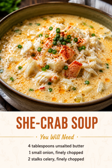 A rustic bowl of creamy she-crab soup filled with tender lump crabmeat, garnished with fresh chives and a light dusting of paprika. The rich, velvety soup is served with crusty artisan bread on the side, a spoon resting in the bowl, and warm natural lighting highlighting the silky texture on a wooden table for a cozy coastal comfort food presentation.