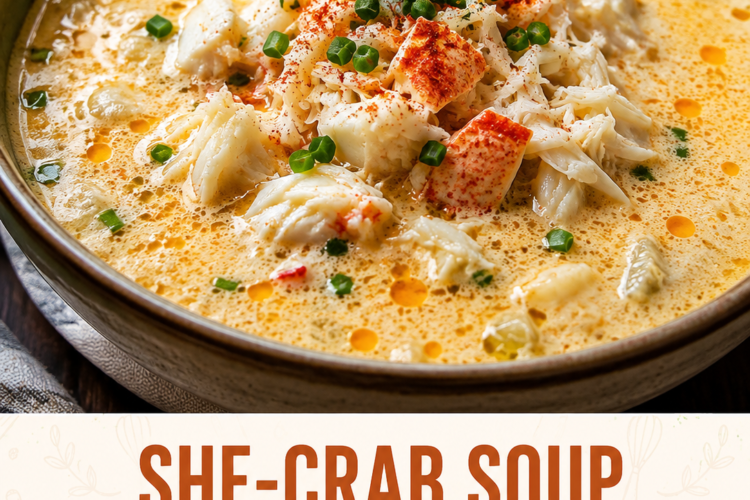 A rustic bowl of creamy she-crab soup filled with tender lump crabmeat, garnished with fresh chives and a light dusting of paprika. The rich, velvety soup is served with crusty artisan bread on the side, a spoon resting in the bowl, and warm natural lighting highlighting the silky texture on a wooden table for a cozy coastal comfort food presentation.