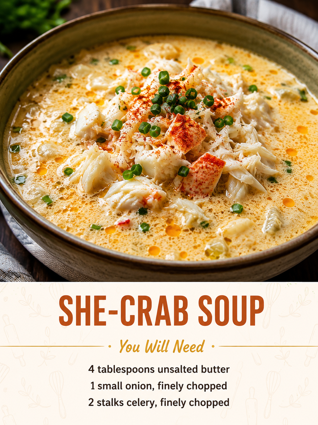 A rustic bowl of creamy she-crab soup filled with tender lump crabmeat, garnished with fresh chives and a light dusting of paprika. The rich, velvety soup is served with crusty artisan bread on the side, a spoon resting in the bowl, and warm natural lighting highlighting the silky texture on a wooden table for a cozy coastal comfort food presentation.