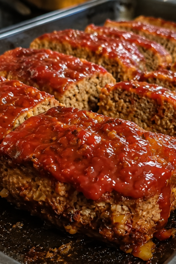 A rustic sheet pan meatloaf glazed with ketchup and baked until deeply caramelized around the edges. Thick slices reveal a juicy, tender interior made with seasoned ground beef, served alongside creamy mashed potatoes and green beans. Garnished with fresh parsley and photographed in warm natural light on a wooden farmhouse table, creating a classic homemade comfort food presentation.