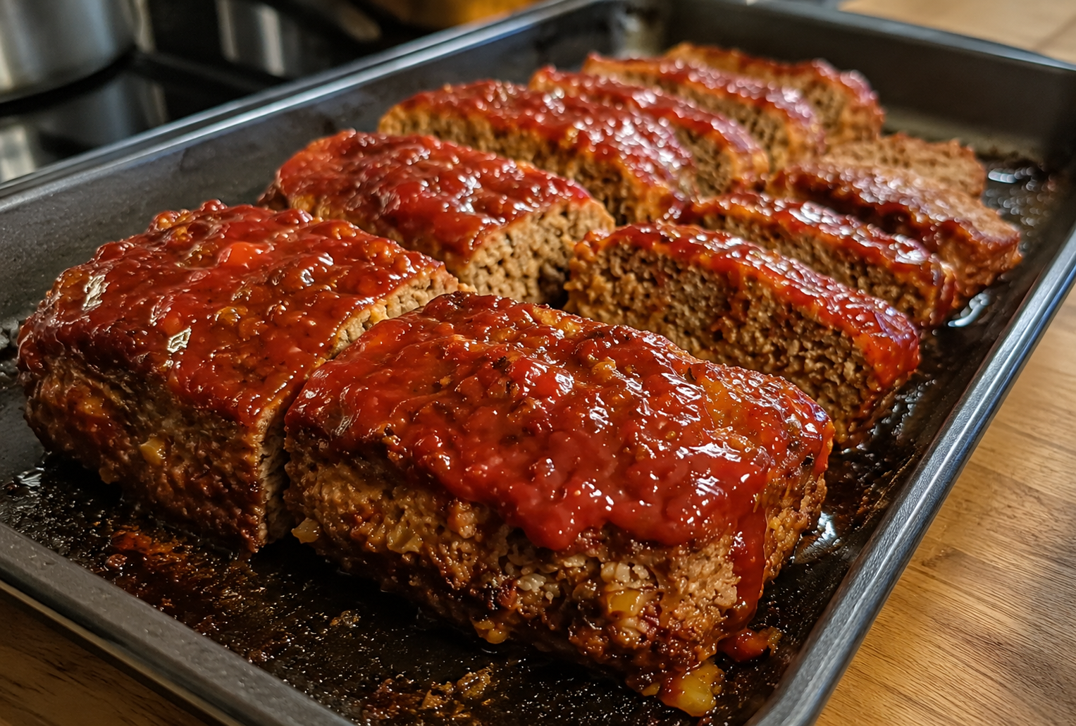 A rustic sheet pan meatloaf glazed with ketchup and baked until deeply caramelized around the edges. Thick slices reveal a juicy, tender interior made with seasoned ground beef, served alongside creamy mashed potatoes and green beans. Garnished with fresh parsley and photographed in warm natural light on a wooden farmhouse table, creating a classic homemade comfort food presentation.