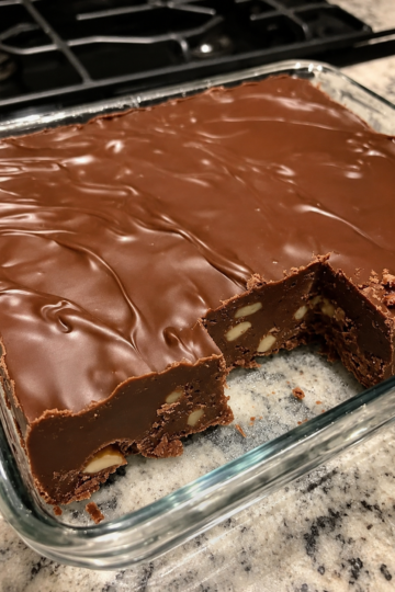 Close-up of rich old-fashioned chocolate fudge cut into neat squares and arranged on a rustic serving plate. The creamy homemade fudge is loaded with chopped nuts and has a smooth, glossy chocolate finish. Photographed in warm natural light with a few extra fudge pieces and chocolate chips scattered on a wooden table, creating a cozy holiday dessert presentation.