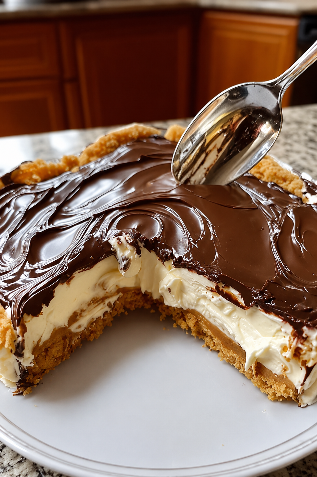 No-Bake Éclair Cake with layers of soft, cake-like graham crackers, creamy vanilla pudding filling, and a smooth rich chocolate frosting topping. The chilled dessert is sliced into neat squares, revealing the creamy layered center, and served as a nostalgic, chocolatey dessert perfect for potlucks and family gatherings.