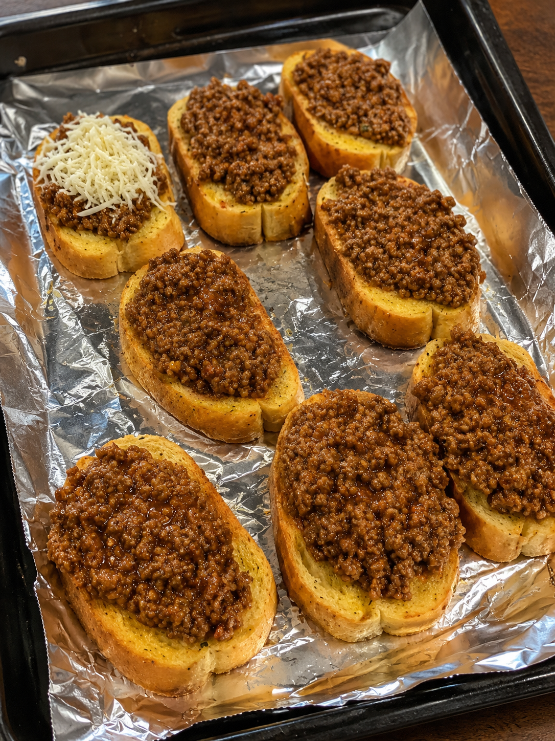 Open-faced Texas Toast Sloppy Joes made with thick slices of buttery golden Texas toast topped with a rich, savory ground beef and onion mixture in a tangy tomato sauce. Finished with melted shredded cheddar cheese and served on a rustic wooden board with pickles and crispy fries. Photographed in warm natural light, showcasing the crisp toast, juicy beef, and gooey cheese for a comforting homemade family dinner.