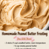 A bowl of smooth, creamy homemade peanut butter frosting with a light tan color and swirled texture, ready to spread over cakes, cupcakes, or brownies.